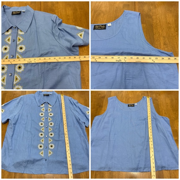 Bob Mackie linen blend shirt tank top set women's 2X blue embroidered flowers - Picture 15 of 15